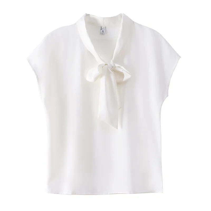 Bow Tie Blouse Shirt for Women OL Elegant Blouses Satin Womens Tops Silk Female Clothing Korean Fashion Short Sleeve Blouse 250806