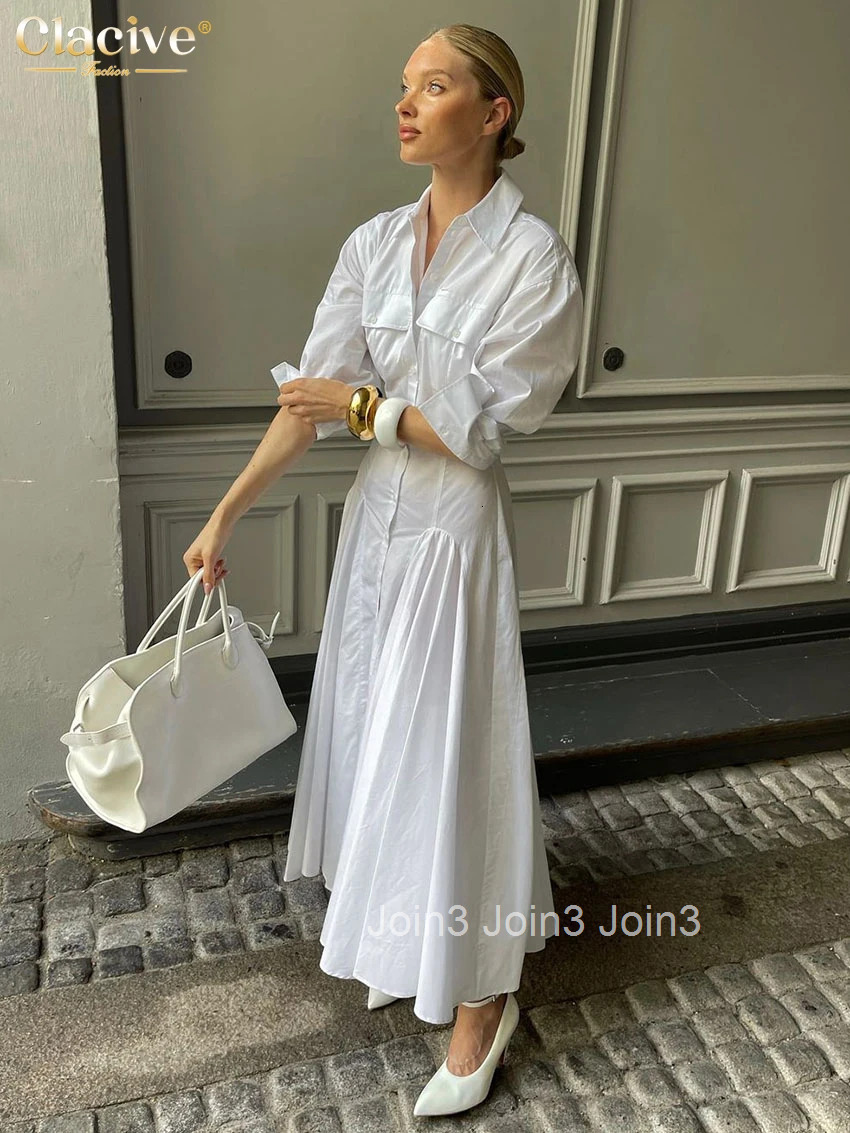 Clacive Fashion Loose White Cotton Dress Lady Casual Lapel Long Sleeve Ankle Length Dress Elegant Classic Dresses For Women