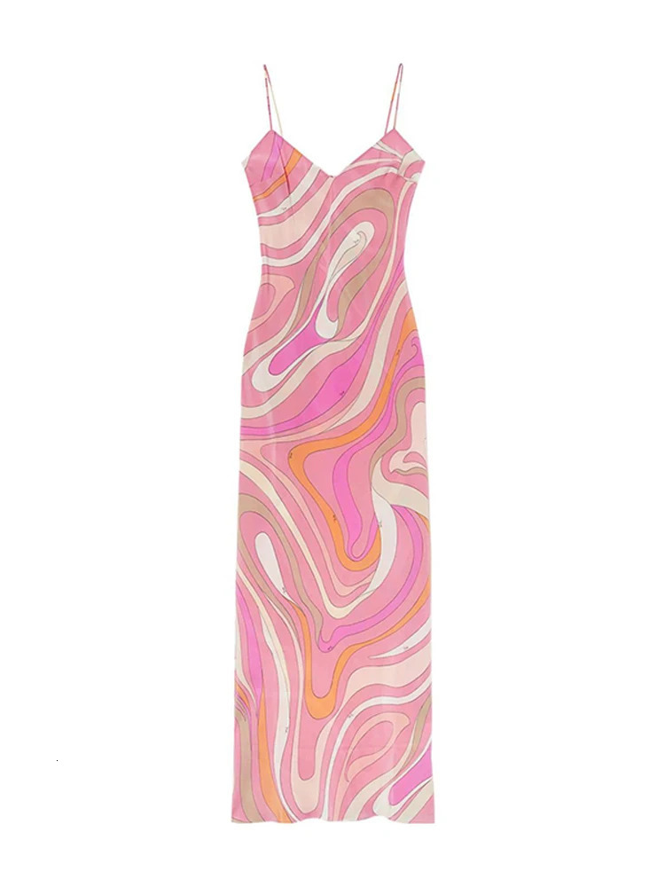 Striped Rainbow Spaghetti Strap Split Dress Women Sleeveless Backless V-neck Beach Dresses Summer Party Chic Lady Robe 250801