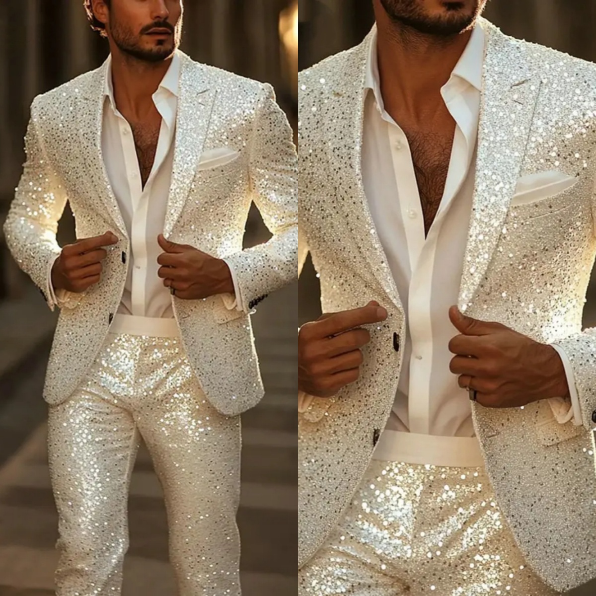 Sparkly Wedding Tuxedos Single Breasted Sequins Men Suit Peaked Lapel 2 Piece Set Jacket Pant Groom Business Blazers Customized