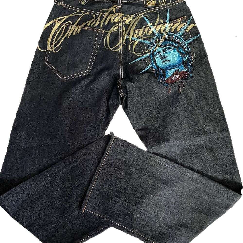 American Style Statue of Liberty Rhinestone Jeans for Men High Street Design Loose Versatile Straight Pants Trendy