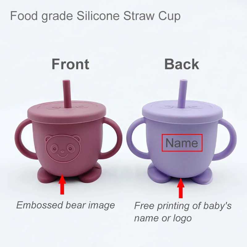 Baby Feeding Cup Free Personalized Name Silicone Straw Cup Cartoon Bear Sippy Cup Leak-Proof Non-Slip Children Kids Drinkware X2508061