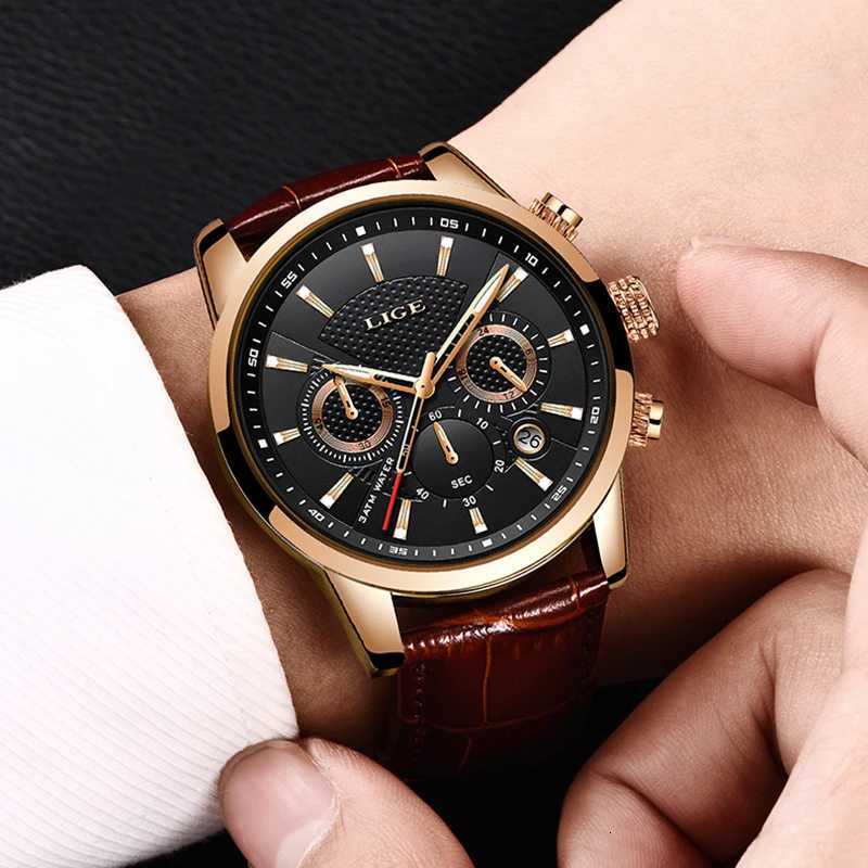 LIGE Luxury Men Leather Sport es Mens Army Military Quartz Wrist Chronogrh Male Clock Relogio Masculino+BOX W250806