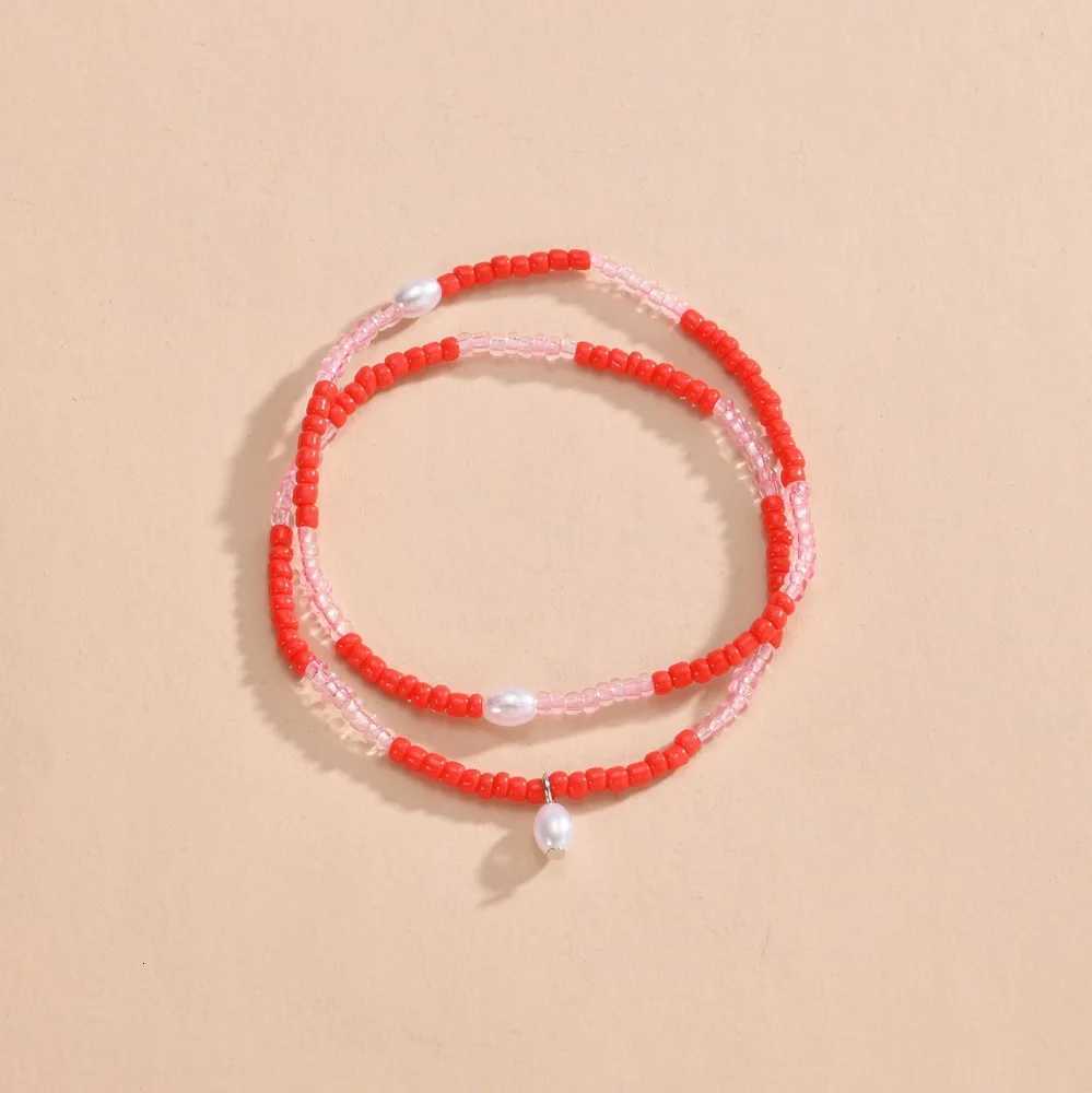 2pcs Synthetic Pearl Anklet Sets For Women Red Rice Beads Chain Ankle Adjustable Elastic Rope Foot Jewelry Accessories Y250805