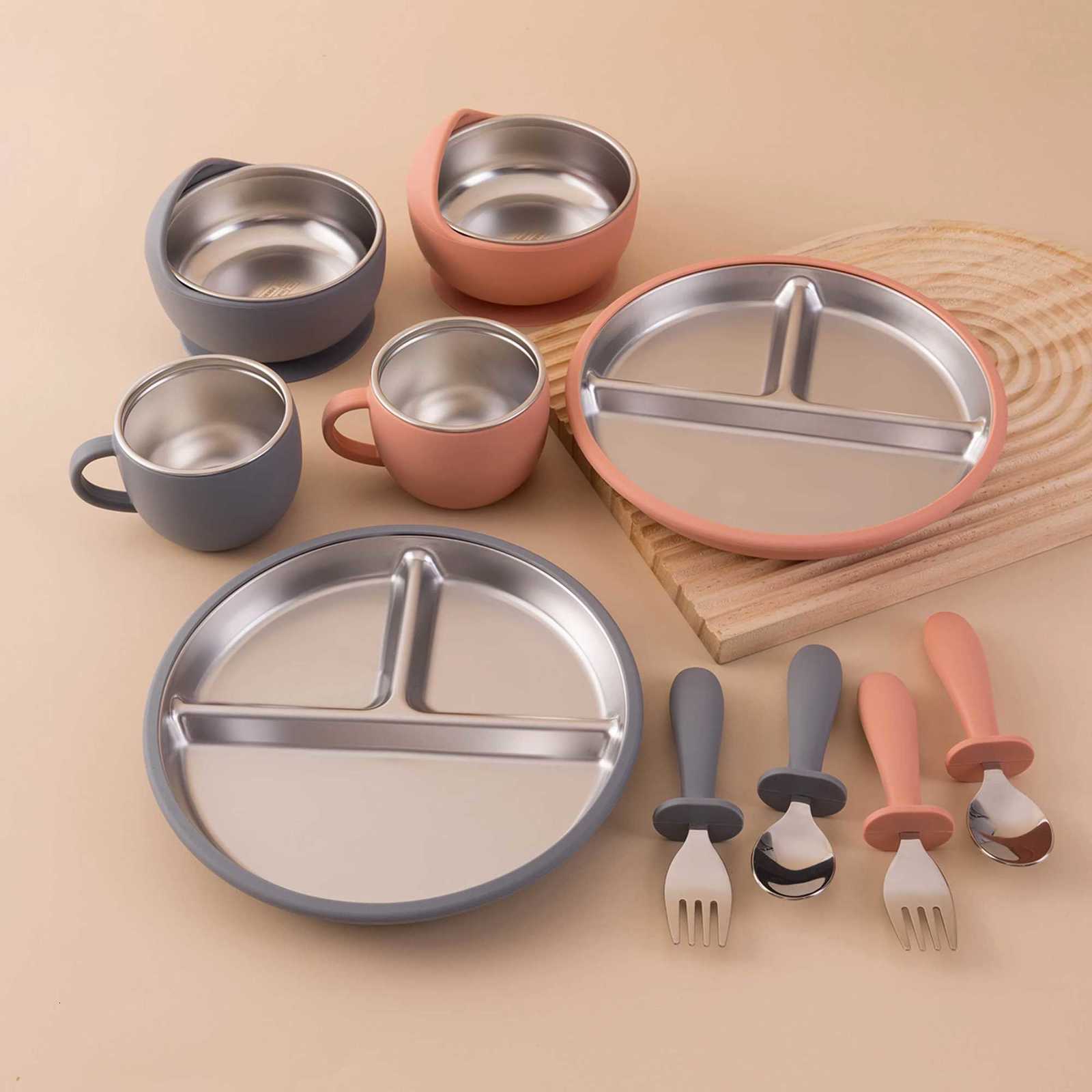 5PCS Stainless Steel Silicone Baby Feeding Set Detachable Dishes Plate BPA Free Infant Training Fork Spoon Bowl Cup Gifts X250806