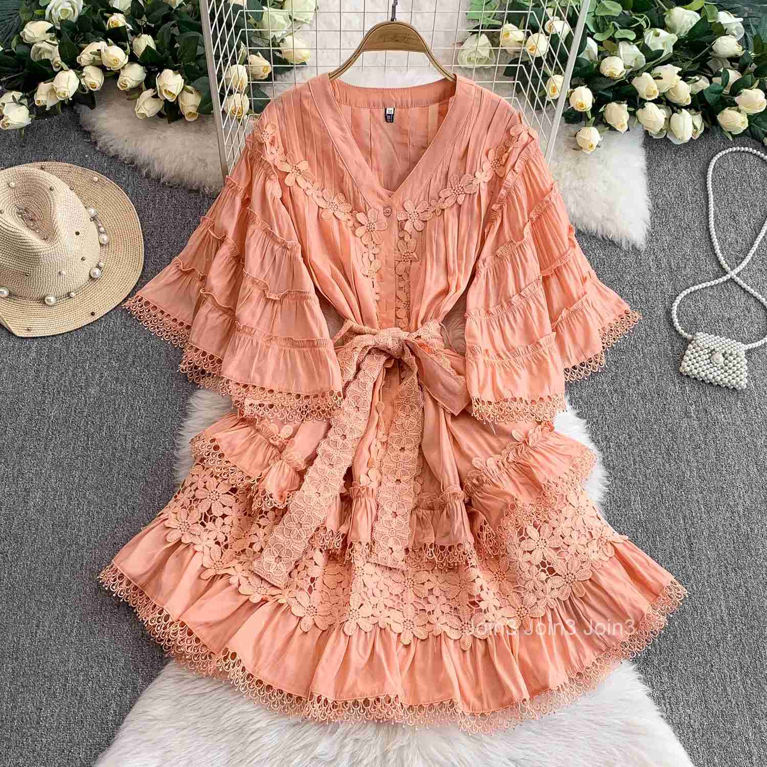 Vintage sexy short sleeve V-neck Spliced Dress Chic Summer Beach fairycore Vestidos Vacation women clothing
