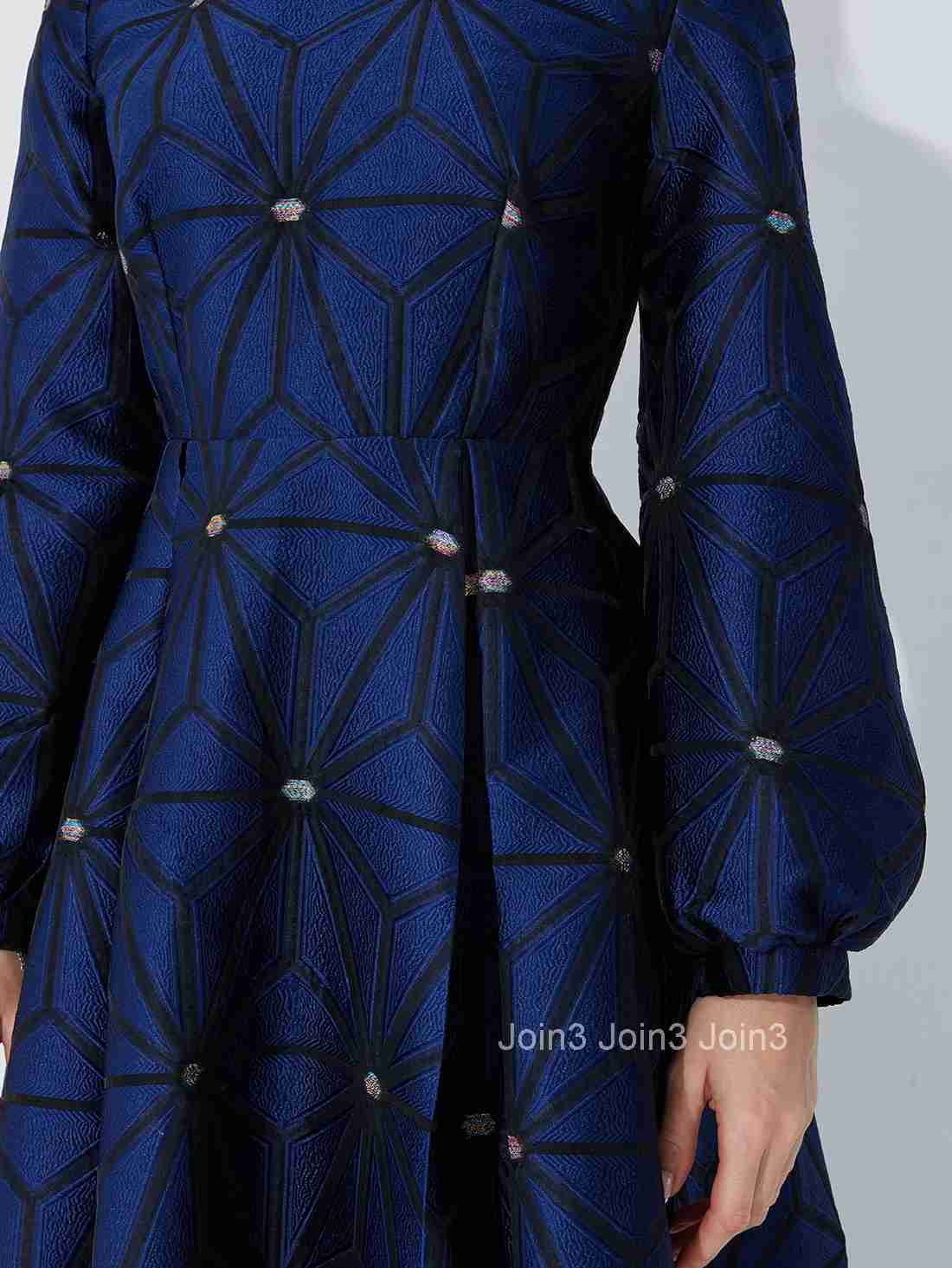 Fall/Winter Turned Collar Lined Sleeve A-Line Silhouette Geometric Heavyweight Jacquard Elegant and Graceful Long Dress