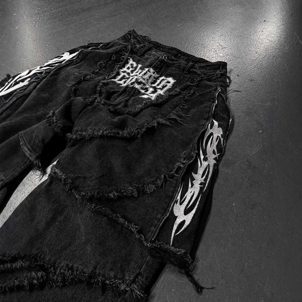 Zipper Patchwork Patch Embroidery Frayed Hem Jeans for Men High Street Design Loose Straight Pants