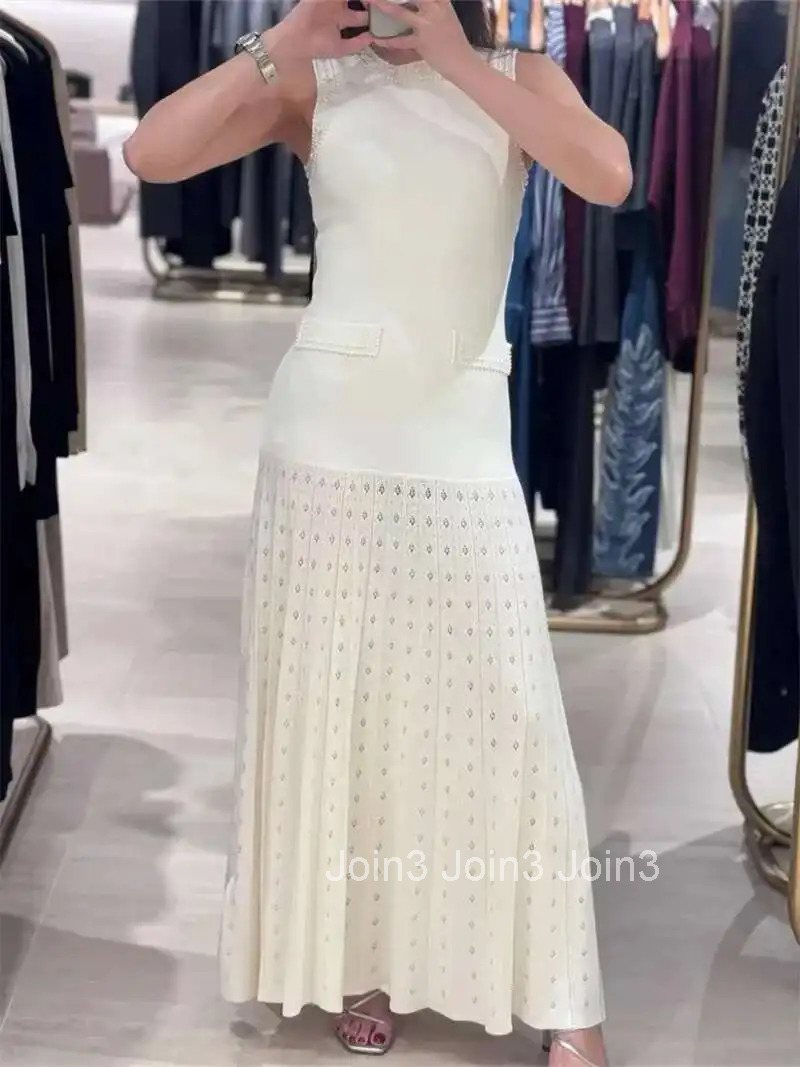 Pearls Decorated Women Round Neck Sleeveless Splicing Knitted Sweater Dress Elegant Or Short Knitted Spring New Women P8QA