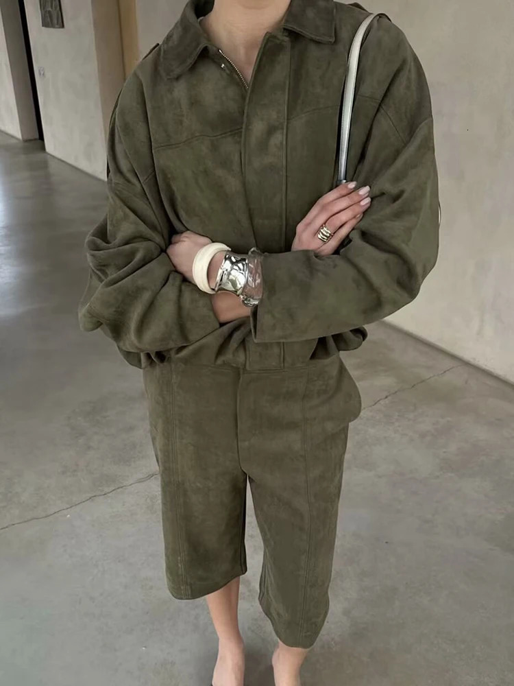 Yaphleet Women Army Green Suede Shorts Suits 2025 Fashion Ladies Soft Oversize Two Piece Set for Jogging Female Vintage Outfits 250804