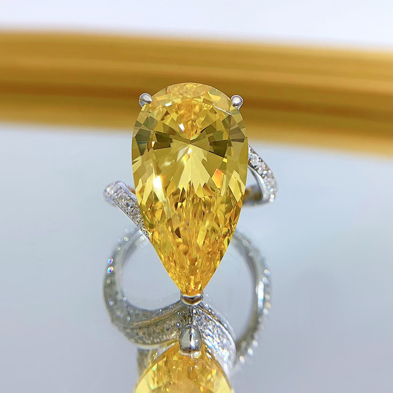 Hui Zhi Wing Jewelry New Model S Pure Silver Simulated High Carbon Ring Water Drop 12*22 Yellow mond Fashion