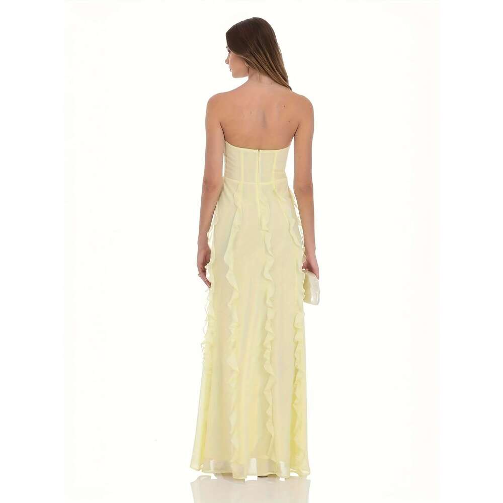 Elegant French-Inspired Yellow Ruffle with Floral Detail - Sleeveless, Strapless, Long Flowing Gown Women, Perfect for Party Weddings and Formal Event
