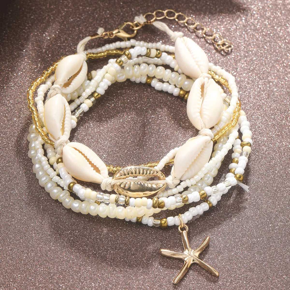7pc/set Bohemian Rice Beads Starfish Pendant Anklet Set Fashion Summer Beach Sea Shell Multilayer Ankle On Foot Jewelry Y250805