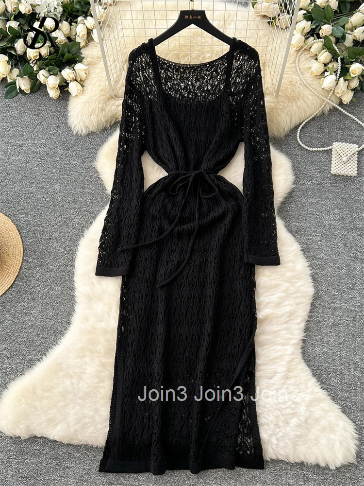 Summer Beachwear Knitting Dress Sets Female Long Sleeves Lace Up Hollow Out Dress+High Elastic Loose Homewear Sundress