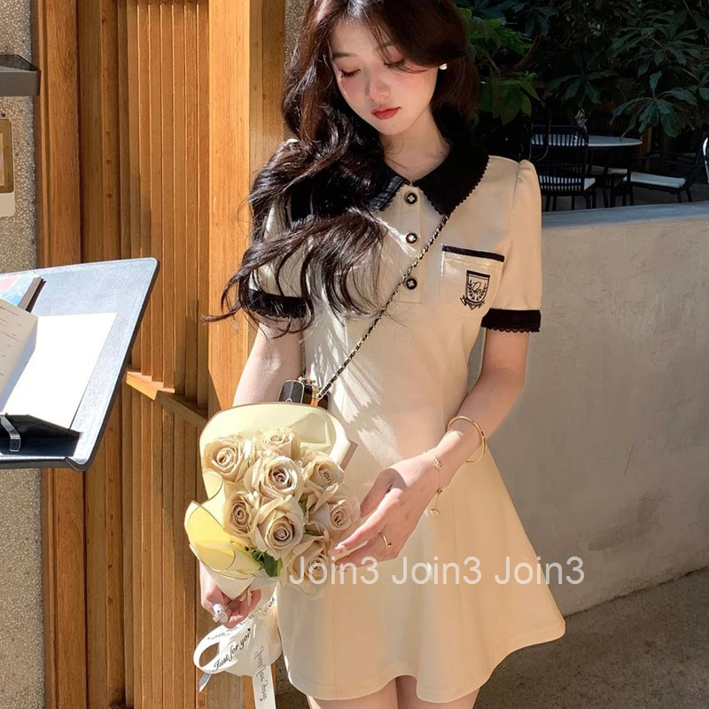 Polo One Pieces Korea Contrast Color Womens Dress With Collar Summer Sweet College Sundress Y2K Short Sleeve Mini Skirt Kpop