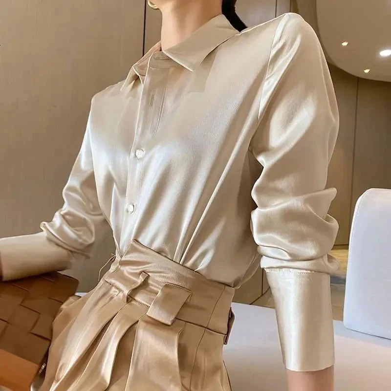 Summer Trend Fashion Womens Casual Elegant Satin Long Sleeved Shirt Office Womens Shirts And Blouses Slim Femal Clothes 250806
