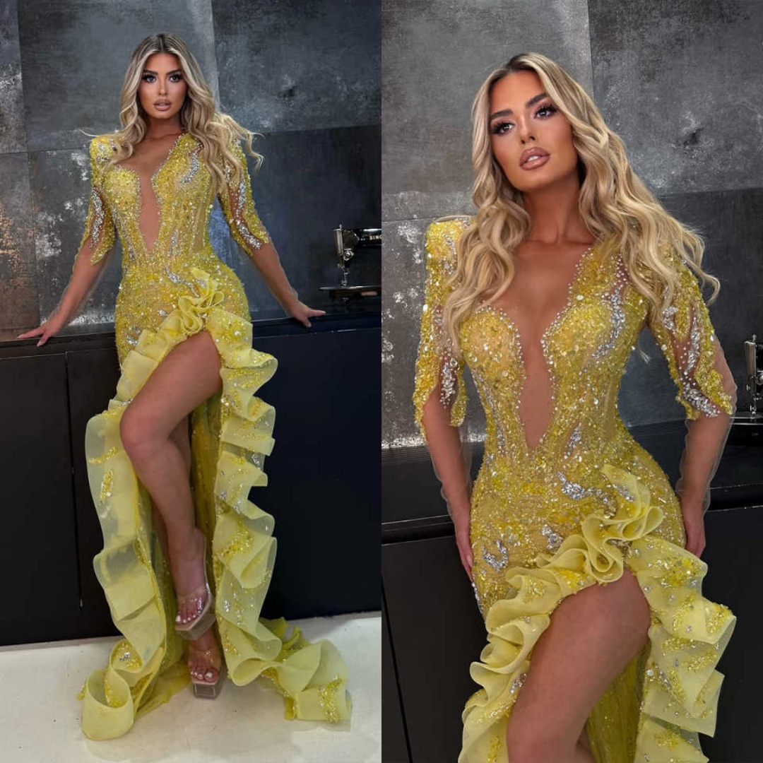 Exquisite Deep V Neck Evening Dresses Crystal Beading Side Split Prom Gowns Sequins Celebration Party Dresses Customized
