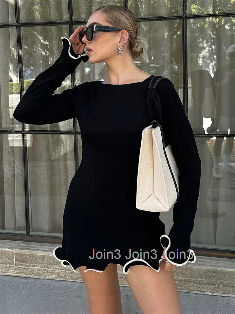 Tossy Fashion Womens Knit Mini Dress Ruffled Autumn High Waist Elegant Slim Party Dress Patchwork Knitwear Sweater Female Dress