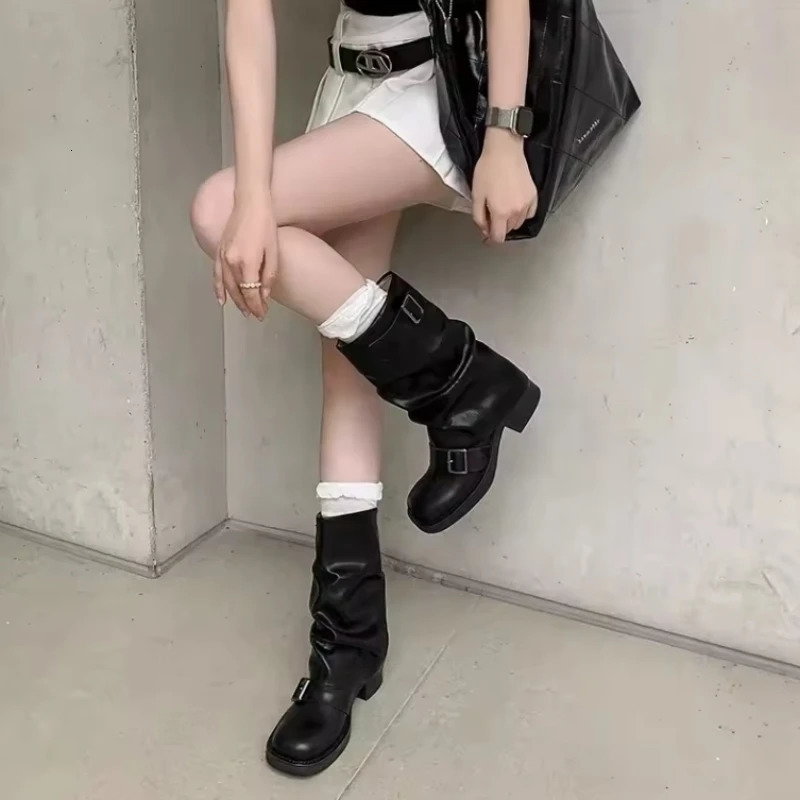 Womens Boots Slip on Female Mid-calf Boots Retro Biker Boots Fashion Block Heels Women Shoes Pu Leather Zapatos De Mujer 250731