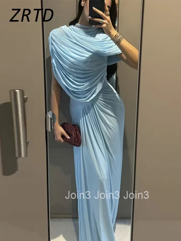 Elegant Shawl Collar Long Party Dress Pleated Sleeveless Asymmetric Female Dresses Spring Summer Lady Solid Evening Gowns