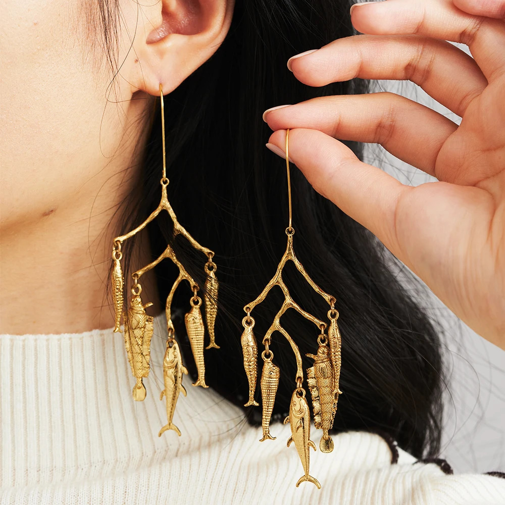In Vintage Earrings For Women Bohemia Gold Plated Earring Cute Metal Fishes Pendientes Multi Dangle Jewelry Fashion 250730