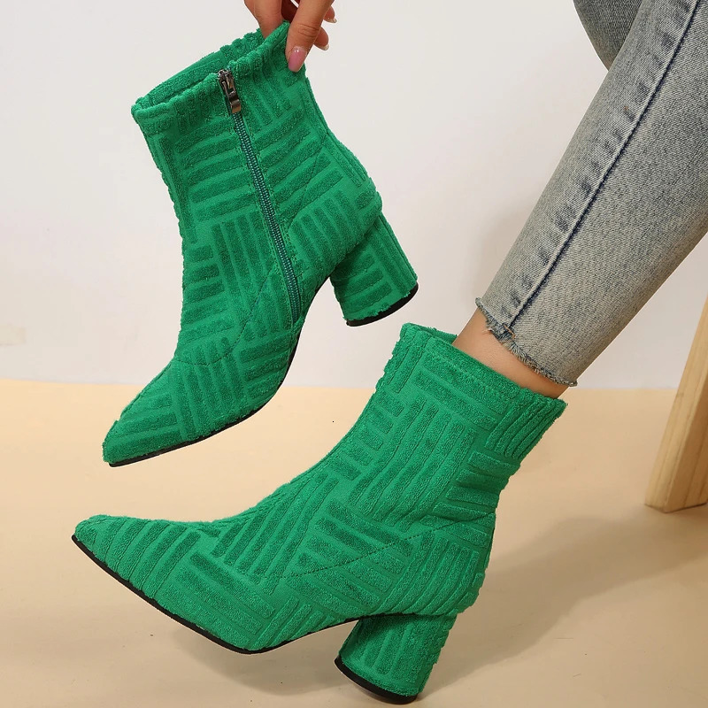 Heels Ankle Boots Women Sexy Green High Autumn Suede Platform Short Boots Woman Pointed Toe Thick Heeled Pumps 250805