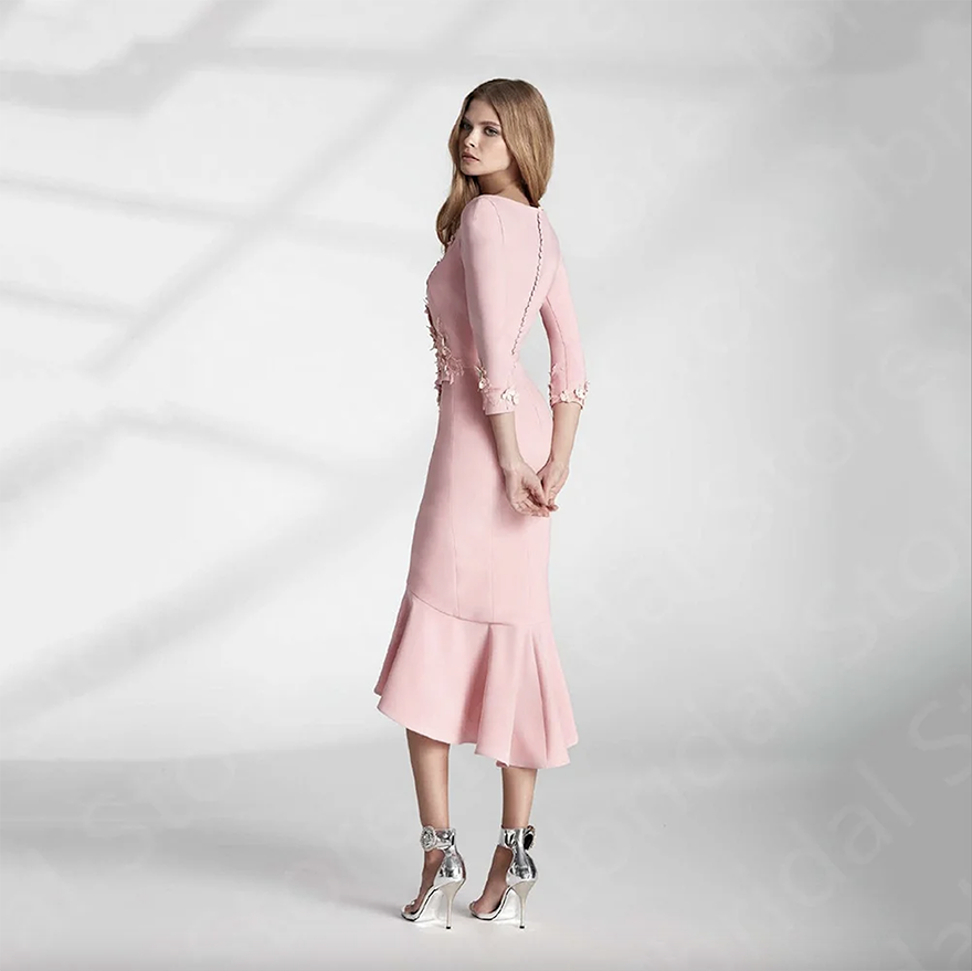 New Classic Pink Mother of the Bride Dresses Mid Calf Length 3/4 Sleeves Wedding Party Gowns Short 3D Flowers