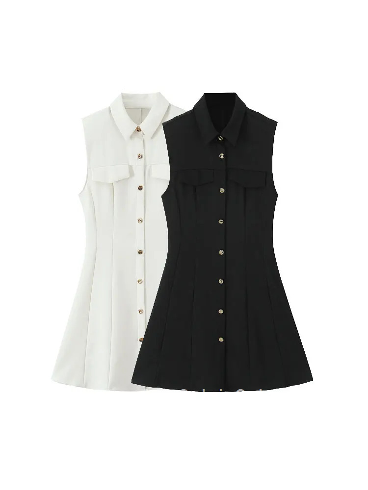 TRZA Women Fashion With Flaps Front Button Mini Dress Lapel Collar Sleeveless Female Dresses Vestidos Mujer