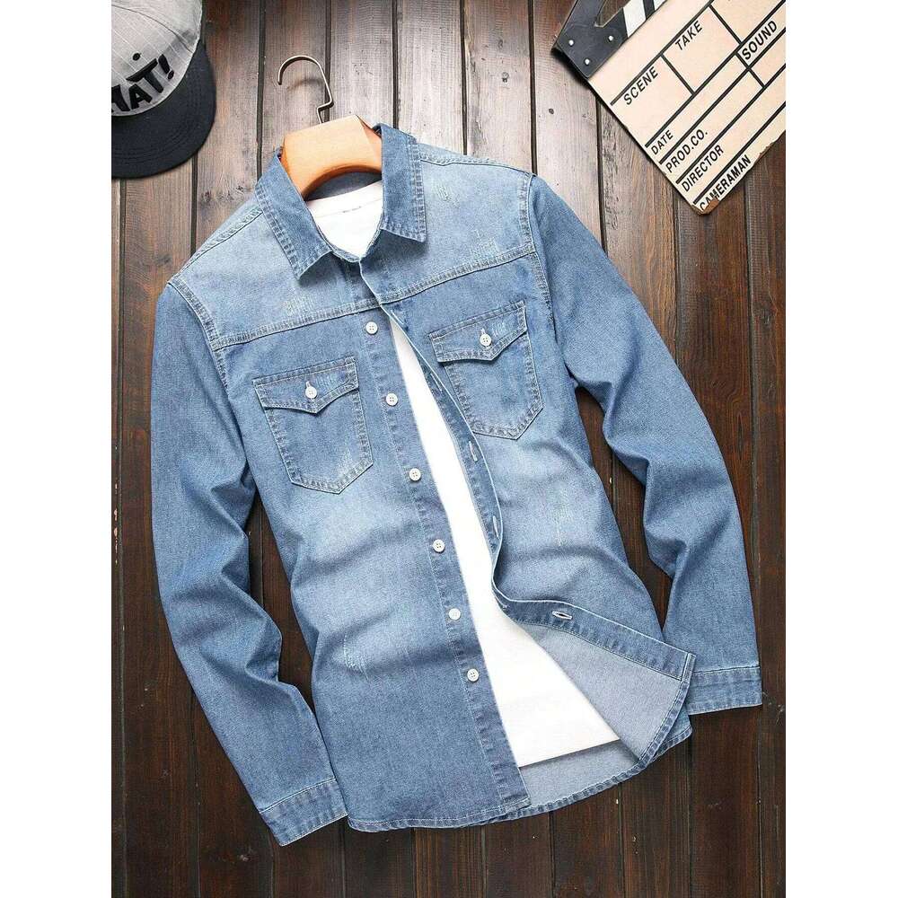 Men's shirts for spring autumn. Blue denim shirts. Trendy and fashionable. Daily casual street style.