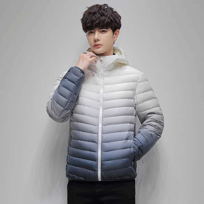 Mens Lightweight Breathable Gradient High Quality Hooded Down Jacket Outdoor Sports and Leisure Fashion Trend Warm Jacket W250806