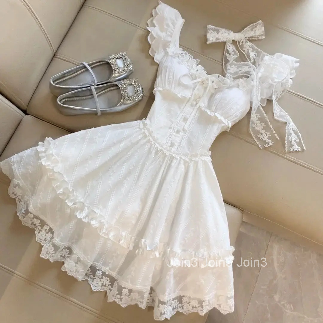 Sweet Princess Dress Woman French Lace Sim Fairy Dress Harajuku Gyaru Elegant Chic Ball Gown Summer Kawaii 90s Sexy Fashion