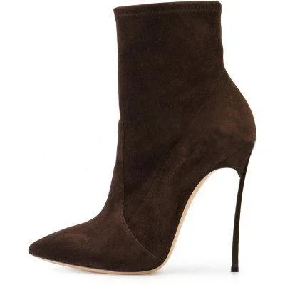 Women Black Real Leather Pointy Toe Boots Sexy Zipper Buckle Suede Super Stiletto High Heel Booties Ladies Gladiator Shoes 250805