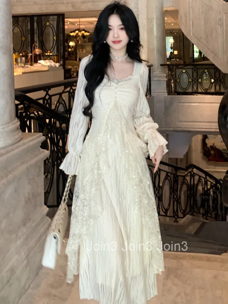 Elegant Solid Ruffles Fairy Dresses Korean Lace Patchwork Slim Waist A Line Dress Women Princess Party Vestidos Female Robe New