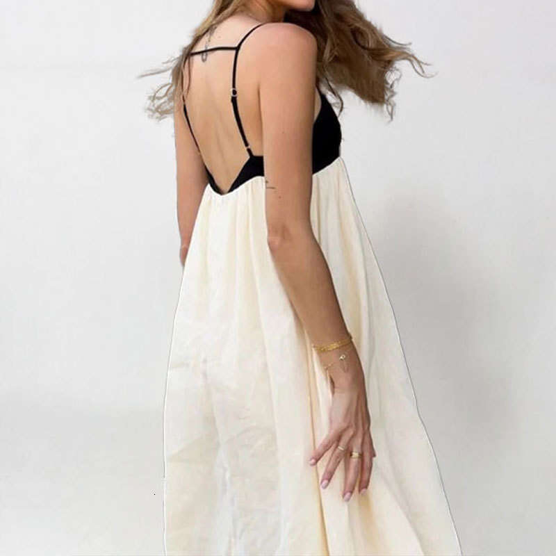 Spring New Women's Fashion Elegant Black And White Contrast Long Sexy Backless Strap Dress B5