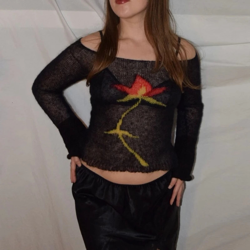 Flower Long Sleeve Knitted Crop Tops Aesthetic See Through Sweater Tees 90s Vintage Y2k Gyaru Crop Tops Jumpers Cottage Clothes 250806