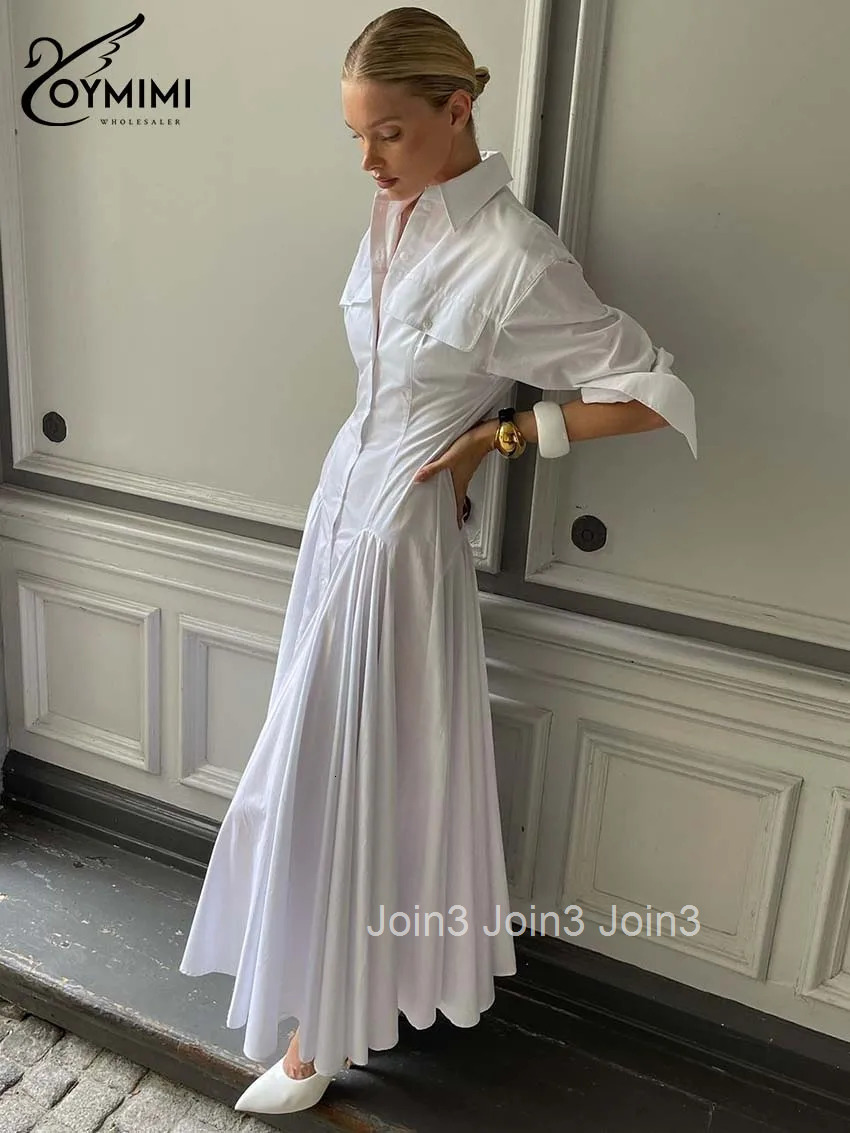 Elegant White Lapel Womens Dress Fashion Three Quarter Sleeve Pockets Dresses Casual Button Pleated Ankle-Length Dresses