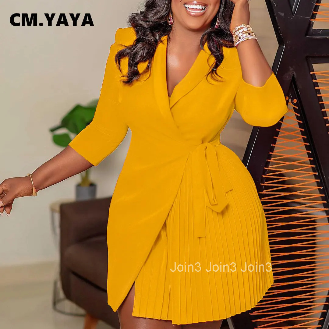 CM.YAYA Women Lace Wrap Notched Neck Pleated Blazer Style Dress Office Lady Vintage Sexy Party Three Quarter Sleeve Dresses