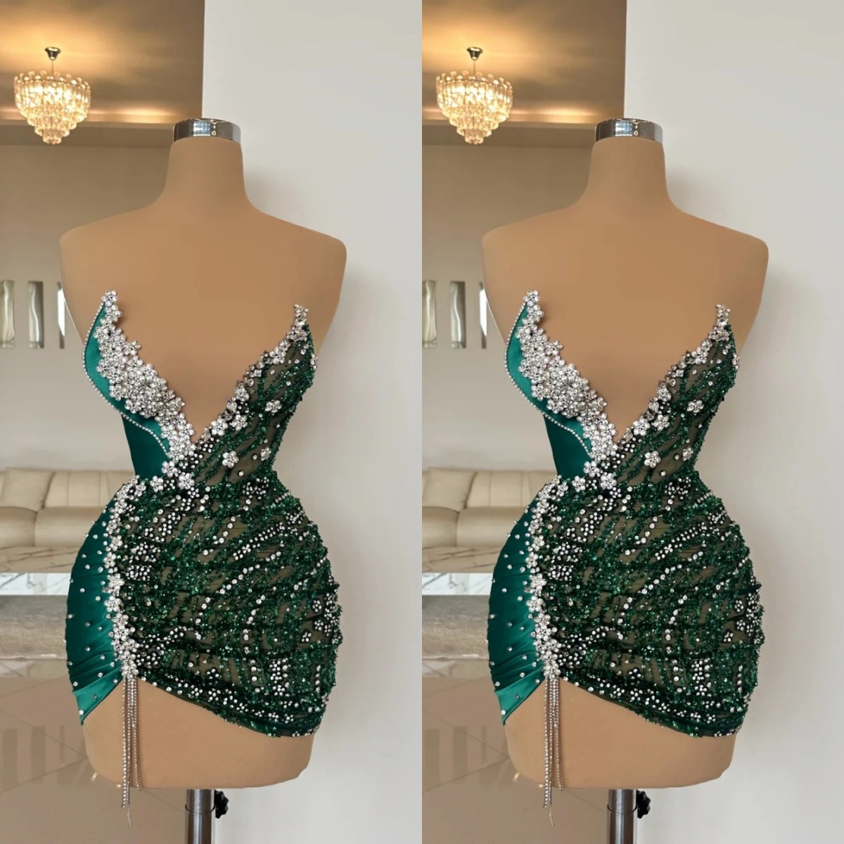 Pretty Mini Evening Dresses For Women Sheer Neck Sleeveless Gown Sequins Crystal Short Dress Party Customized Dress