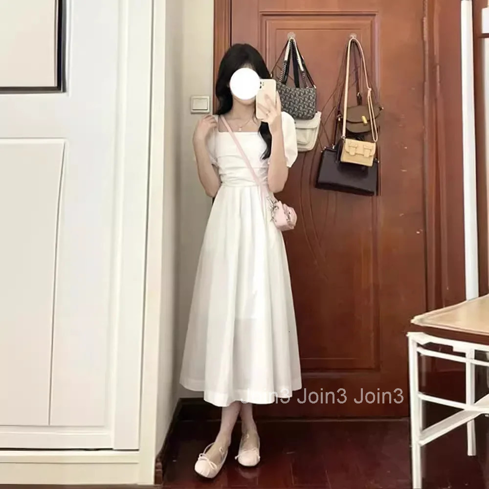 Elegant High-Waisted Long Dress Slimming Petite Puff Sleeve Summer New Style French Chic Square Collar White Dress For Women