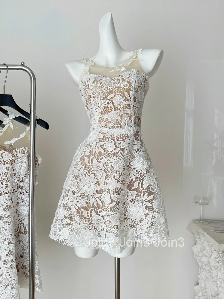 Summer Sleeveless Lace Dress Women Elegant Spaghetti Strap Slim Fit Floral Lace Party Dress Sexy Chic Casual Dress Outfit