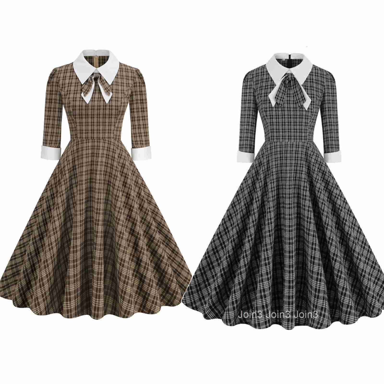 Women Vintage Plaid Dress With Bow Elegant Cocktail Party 1950s Swing Rockabilly Dress Audrey Hepburn Autumn Spring Dress