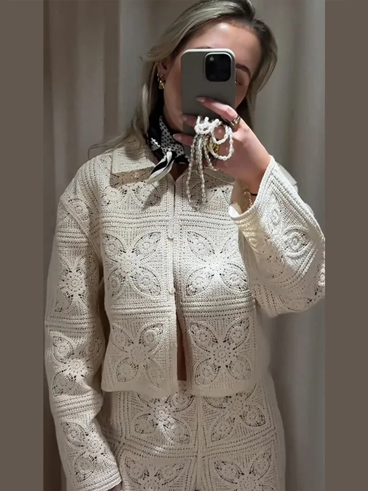 Crochet Hollow Out Cardigan Shorts Suits Women Elegant Lapel Long Sleeve Single Breasted Coats Low Waist Shorts Chic Ladies Sets 250804