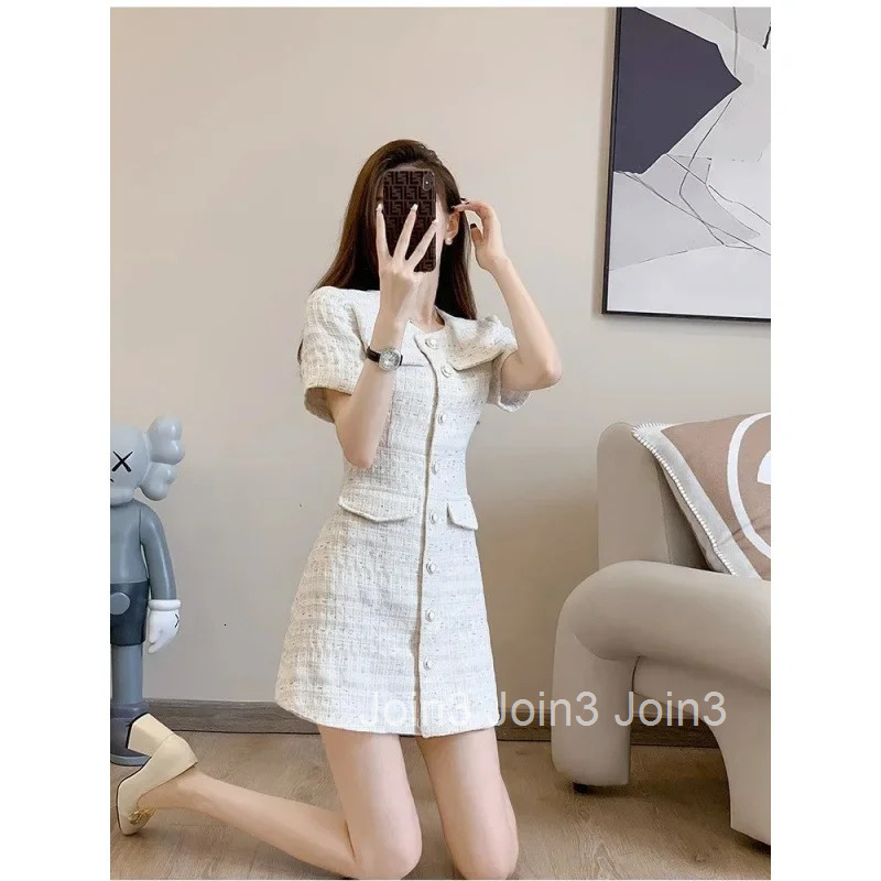 Elegant round Neck Line Mini Dress Womens Summer Slimming Waist Design Single Button Closure White Color Fashionable Style