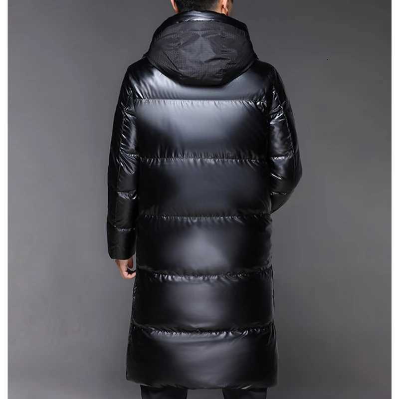 2025 Winter Mens Casual Long-Length Duck Down Jackets Black Color Shiny Warm Puffer Coats Windproof Thick Padded Parkas W250806