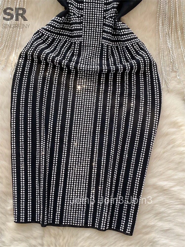 Beading Tassel Fashion Dresses Woman Temperament Sleeveless Zipper Design O Neck Slim Bodycon Sheer Senior Party Dress