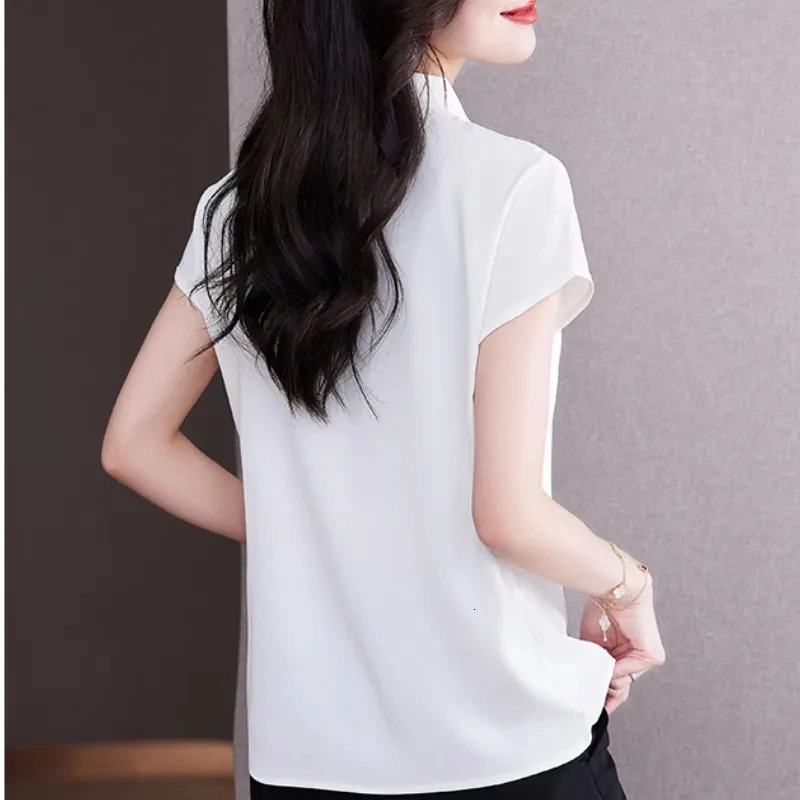 Bow Tie Blouse Shirt for Women OL Elegant Blouses Satin Womens Tops Silk Female Clothing Korean Fashion Short Sleeve Blouse 250806