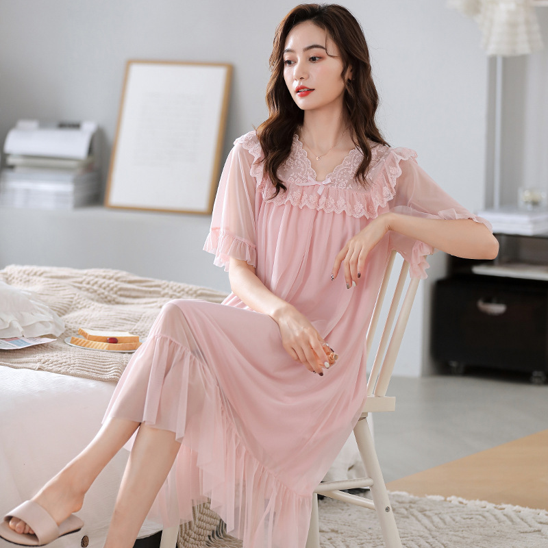 SY61055 Summer Princess Style Modal Short Sleeve Pajamas Large Size Thin Lace Mesh Dress