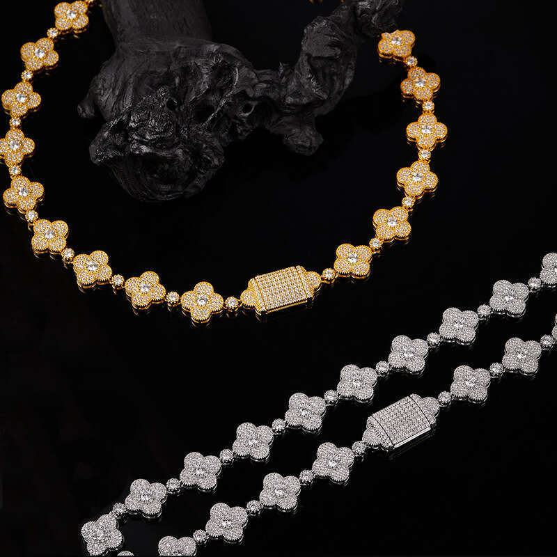 Iced Out VVS 15mm Inlaid Hip Hop Cuban Four-Leaf Clover Necklace Hollow Design Fashion Item Factory