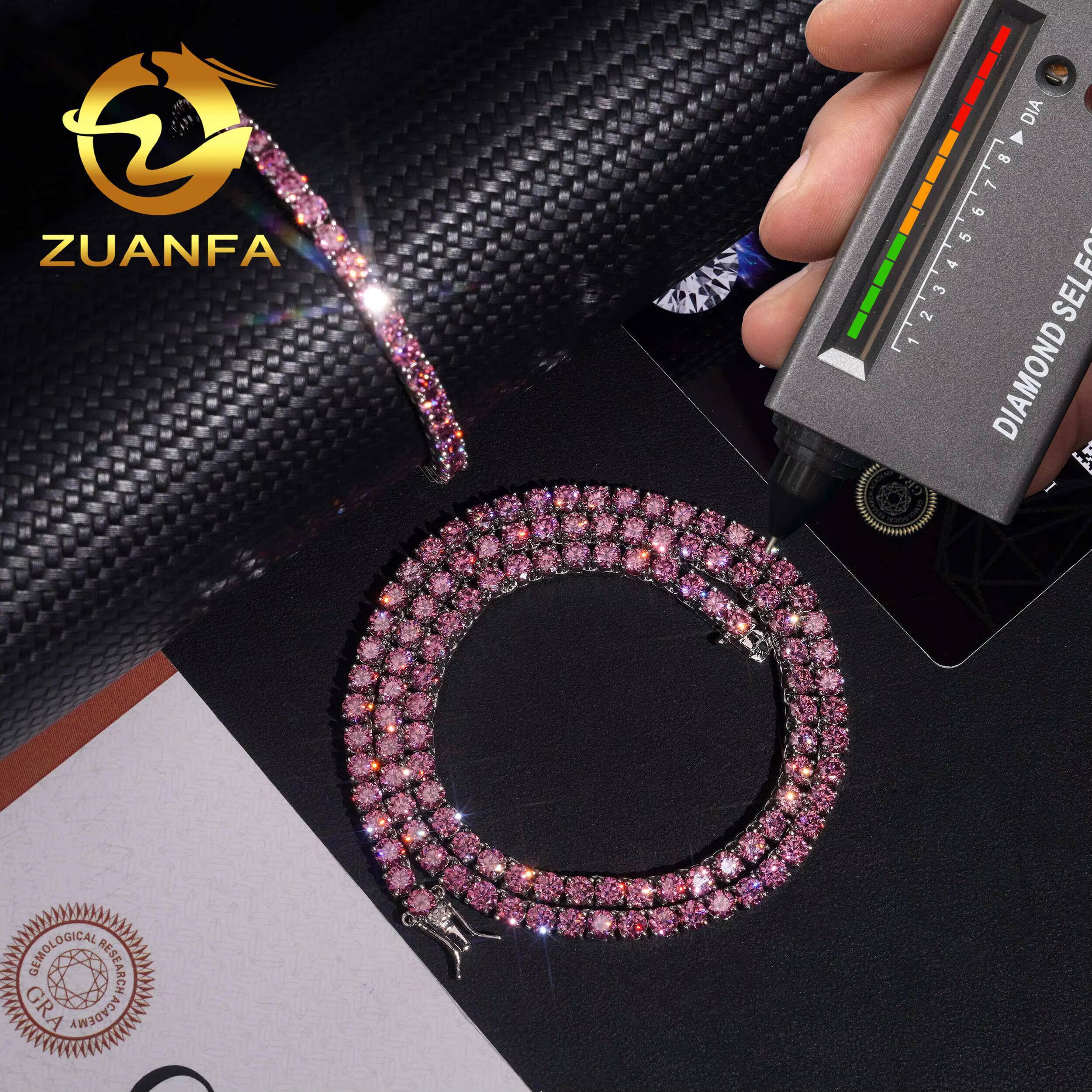 New Stocks Drop Shipping Hip Hop Jewelry Men Necklace Solid 925 Sterling Silver 3MM 4MM Pink Moissanite Diamond Tennis Chain