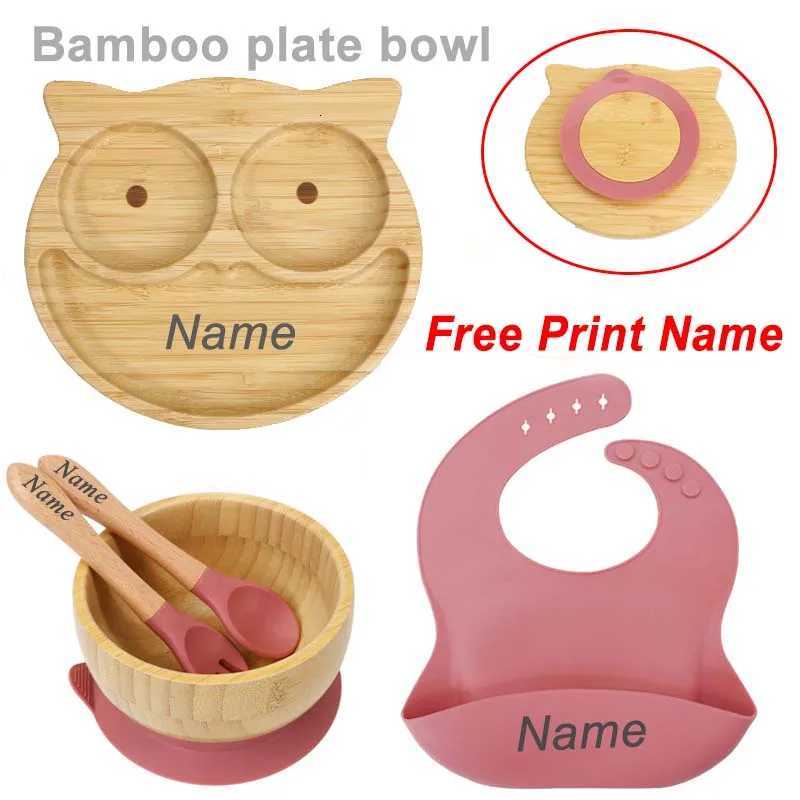 5Pcs Bamboo Bowl Plate For Kid Personalized Name Baby Feeding Set Bamboo Tableware Owl Plate Bowl With Spoon Silicone Baby Supplies X250806